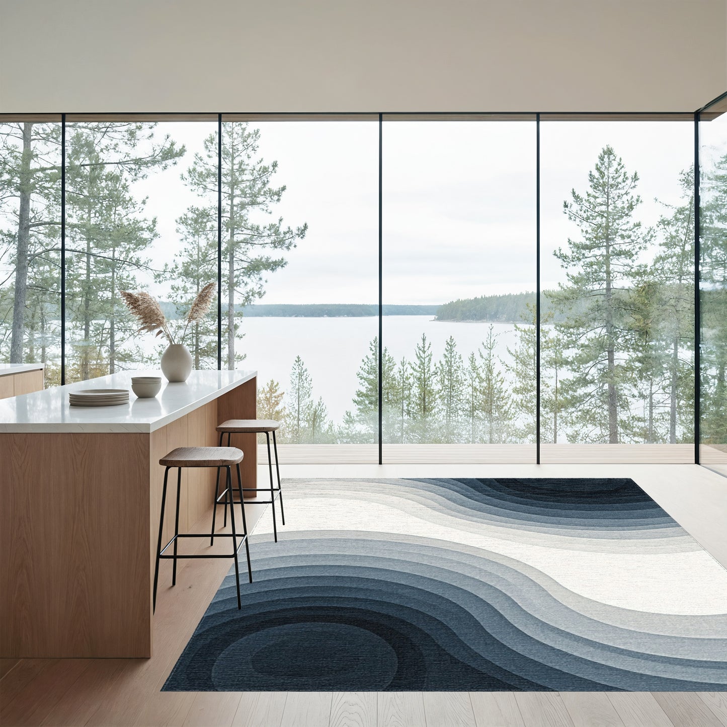 Layered Navy Gray Wave Rug