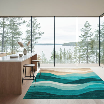 Layered Teal Beige Waves Rug