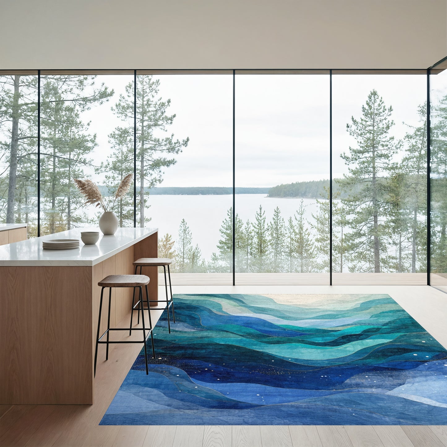Teal Blue Layered Waves Rug