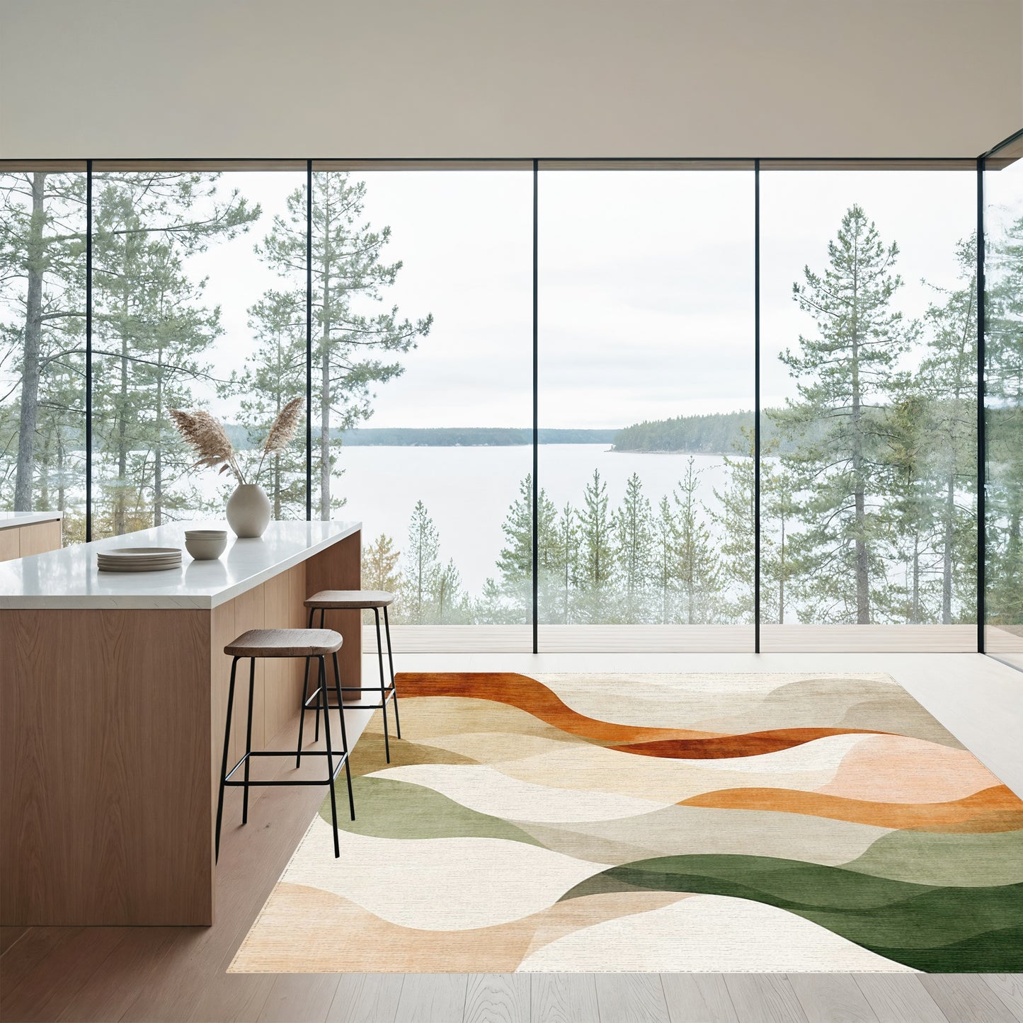 Layered Rust Sage Wave Rug