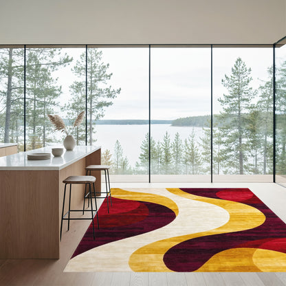 Abstract Gold Waves Red Circles Rug