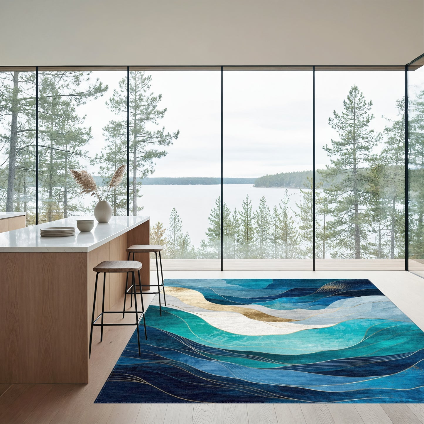 Navy Teal Gold Abstract Waves Rug