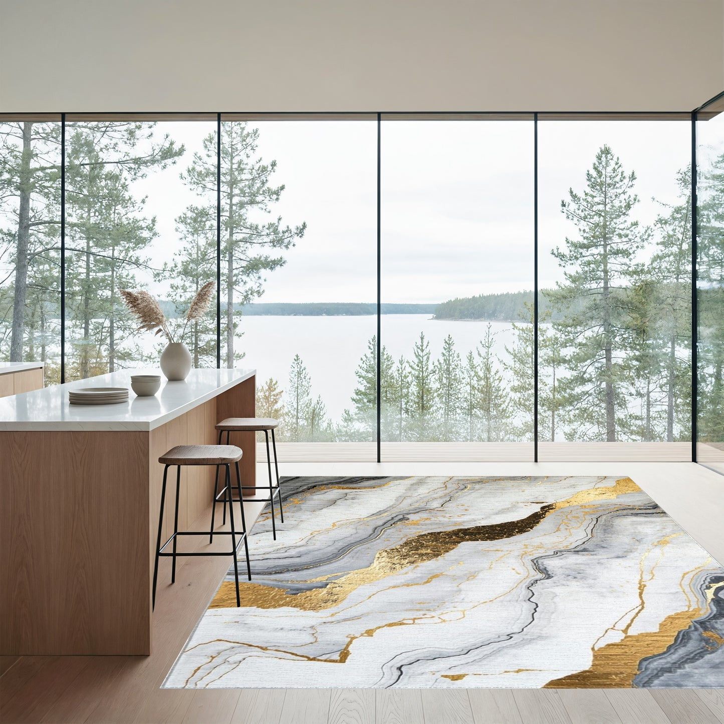 Gold Veined Gray Marble Rug