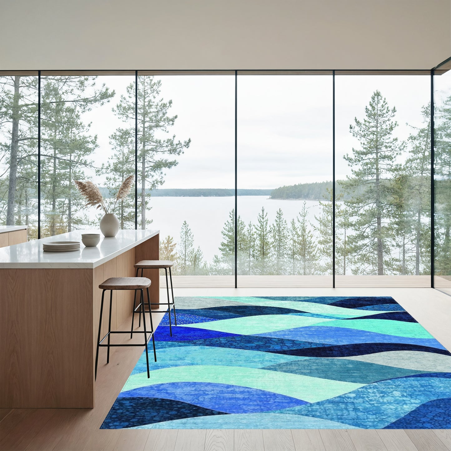 Indigo Teal Layered Waves Rug