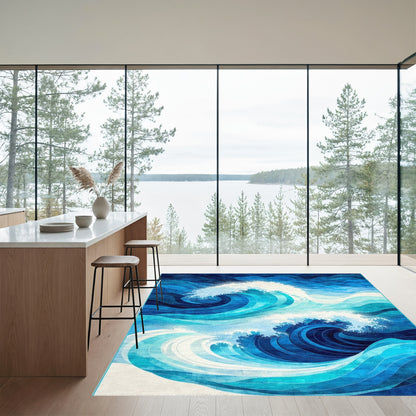 Dynamic Navy Crashing Waves Rug