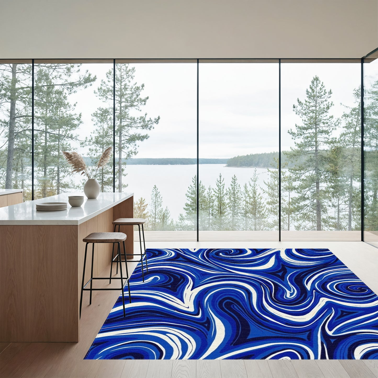 Navy White Swirling Waves Rug