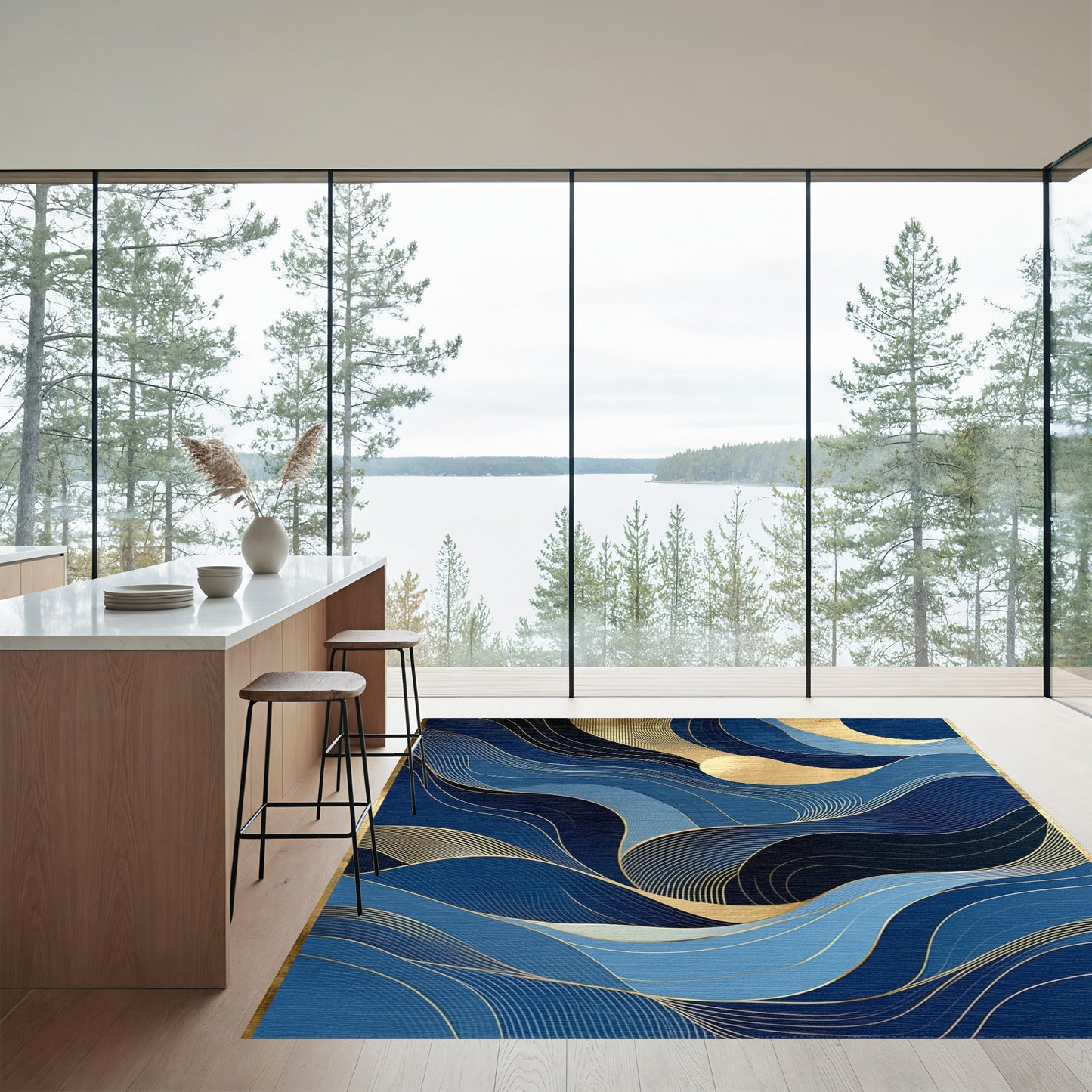Navy Gold Waves Crescent Moon Rug