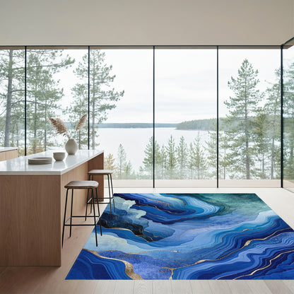 Teal Navy Gold Fluid Wave Rug