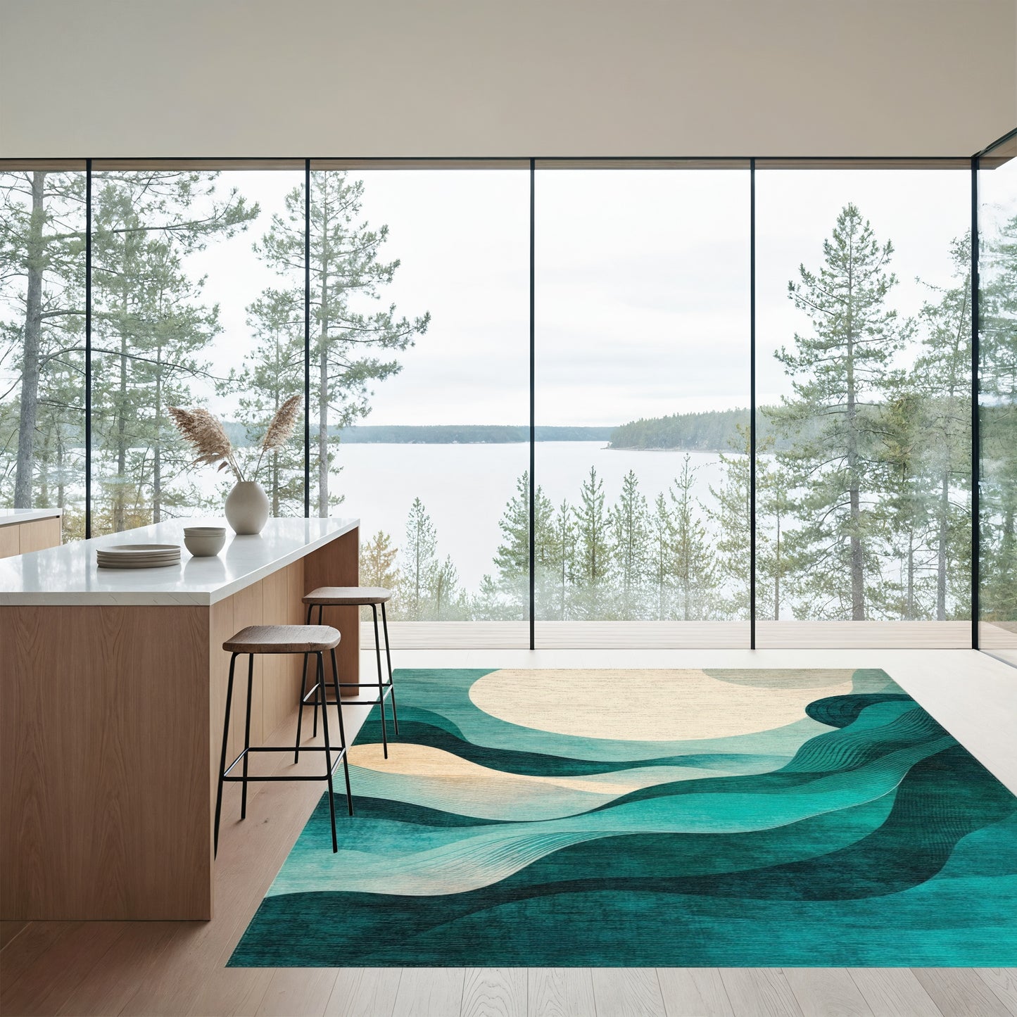 Teal Wavy Moon Abstract Rug