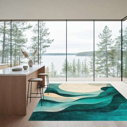 Teal Wavy Moon Abstract Rug