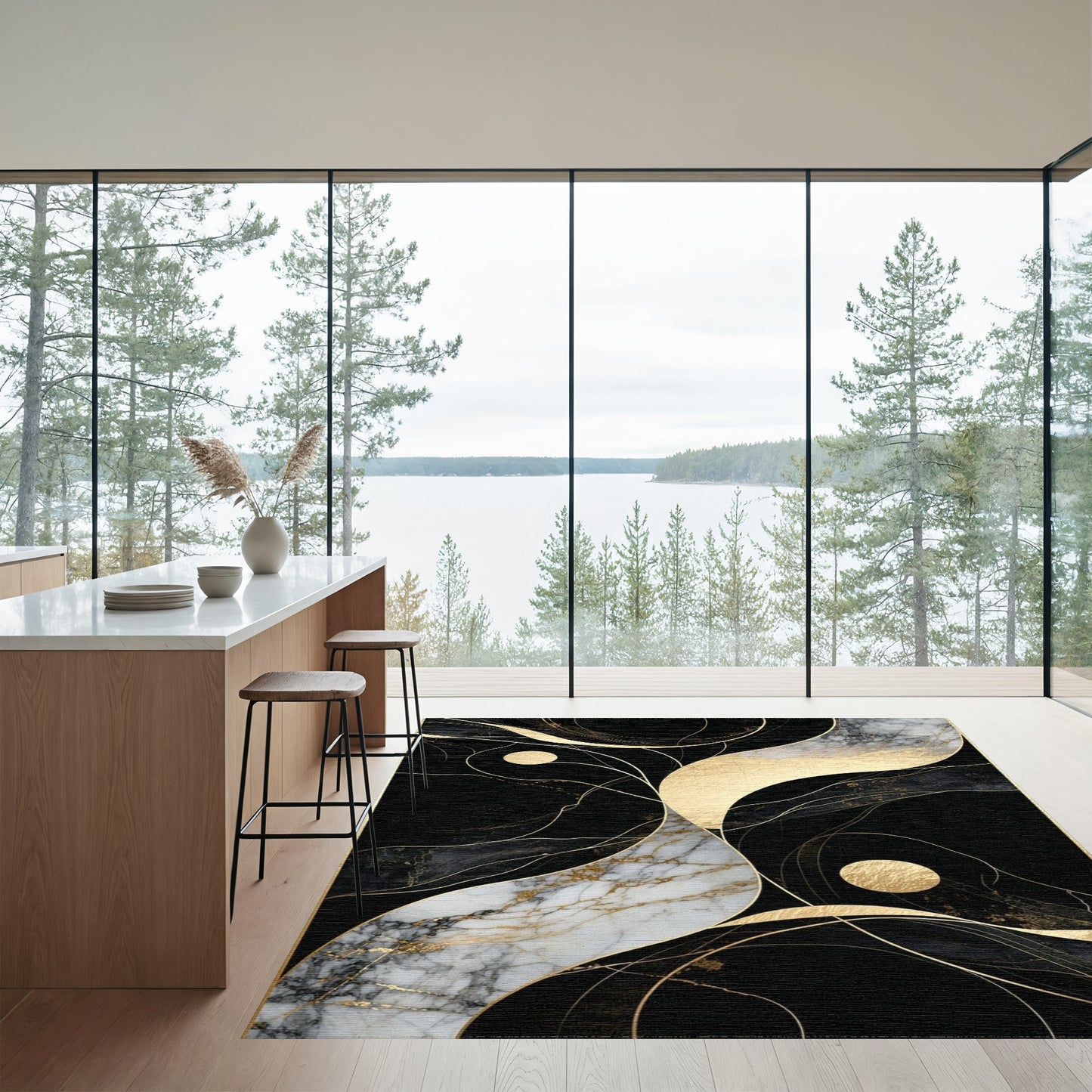 Abstract Black Gold Marble Swirl Rug
