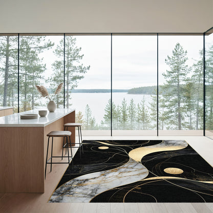 Abstract Black Gold Marble Swirl Rug