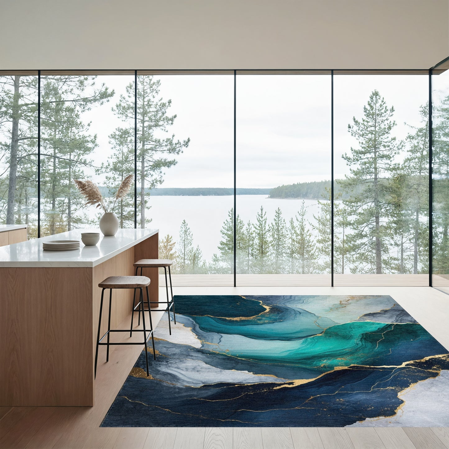 Fluid Teal Gold Marble Rug