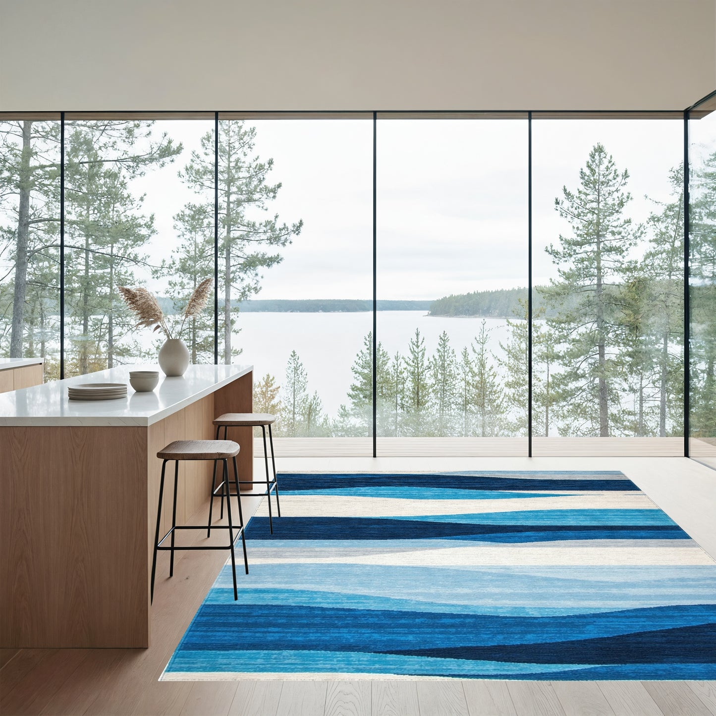 Navy Blue Layered Waves Rug