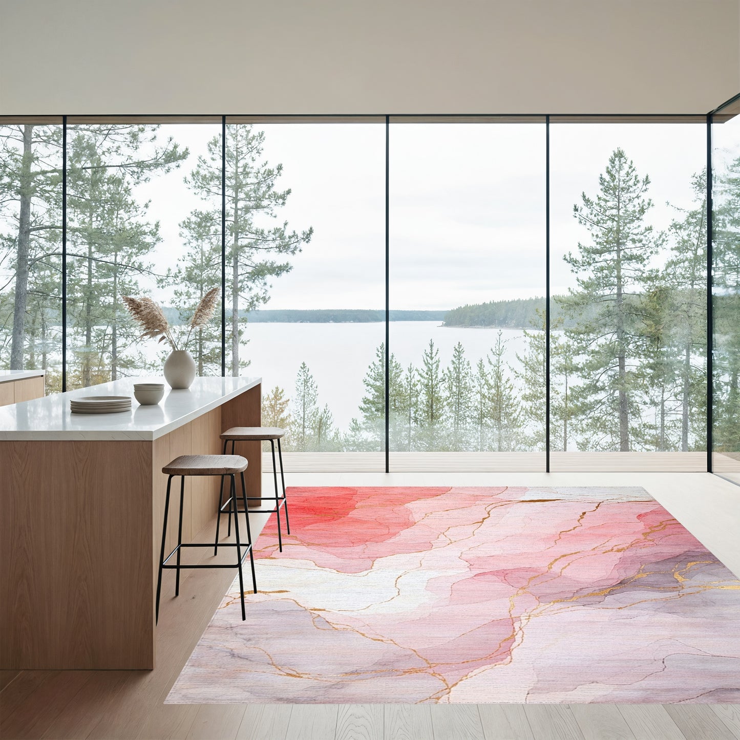 Abstract Blush Gold Veins Rug
