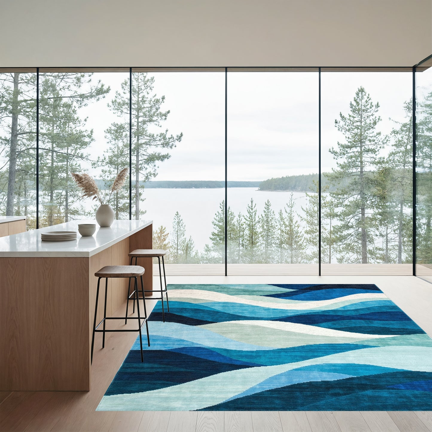 Teal Navy Layered Waves Rug