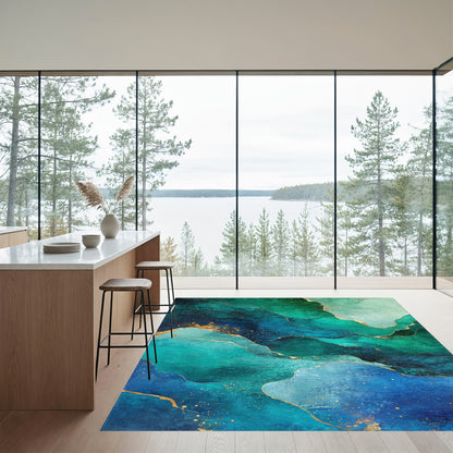 Swirling Teal Gold Fluid Rug