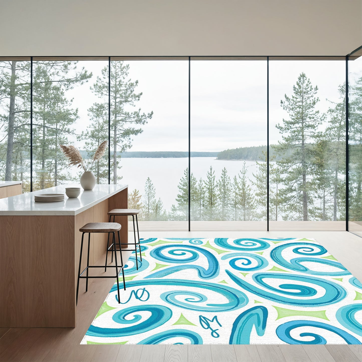 Turquoise Swirling Curls Whimsical Rug