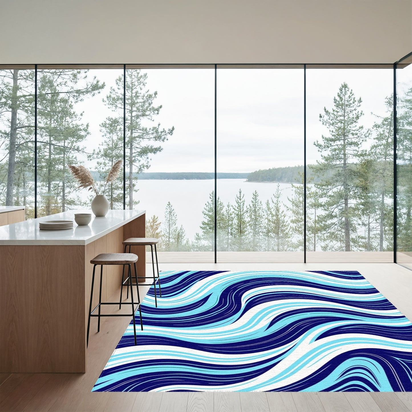 Navy Teal Fluid Wave Rug
