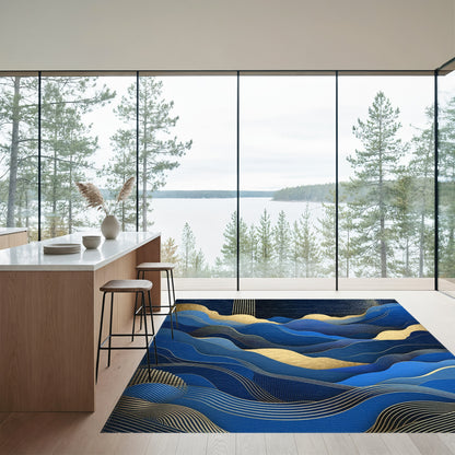 Abstract Blue Gold Wavy Mountains Rug