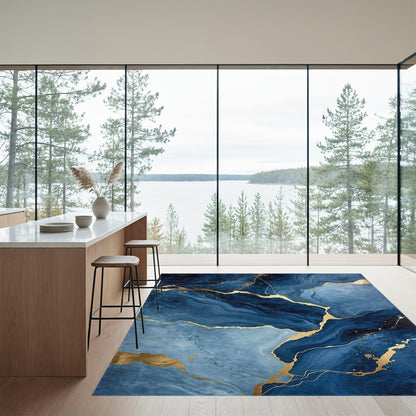 Navy Blue Gold Vein Swirl Rug