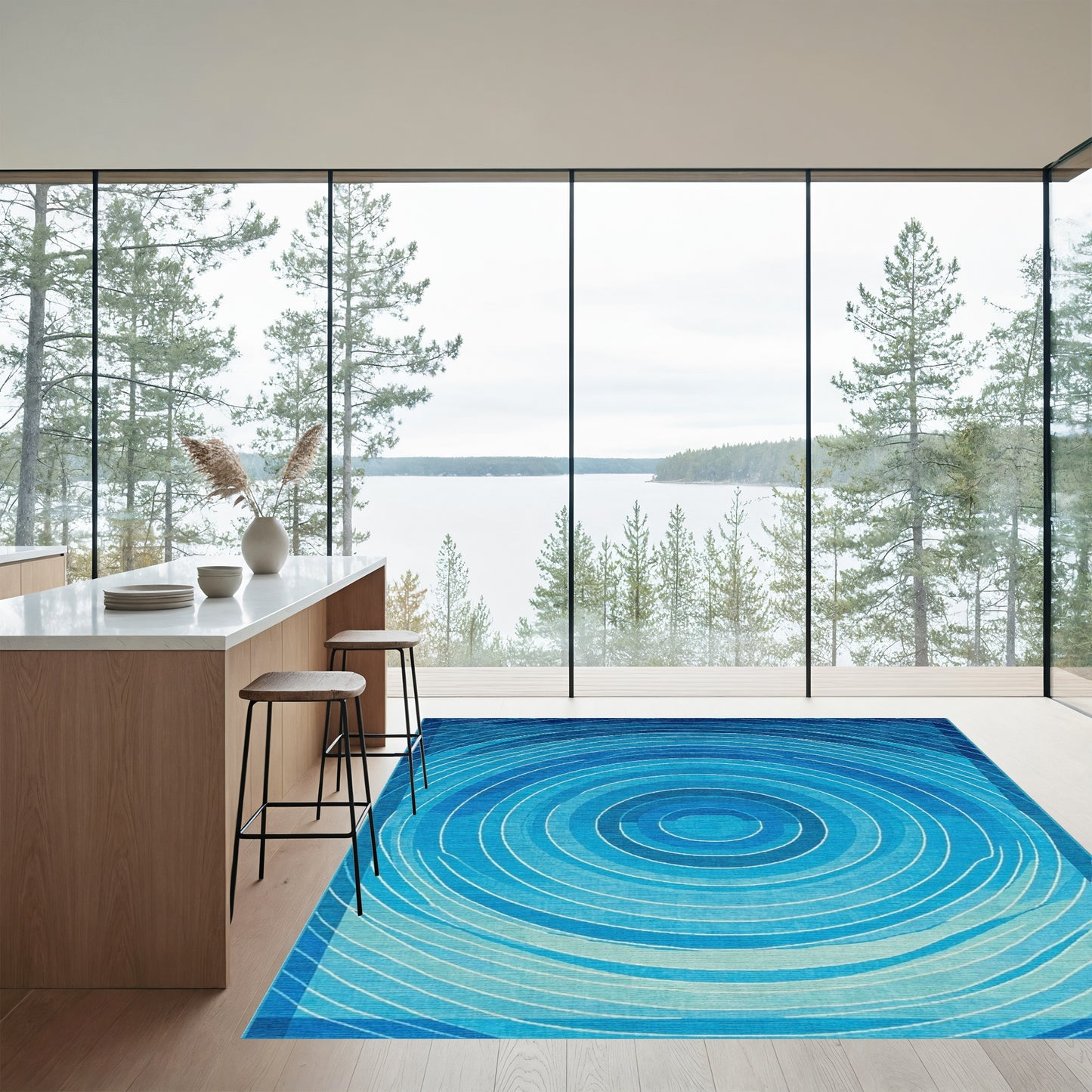 Blue Concentric Circles Abstract Rug