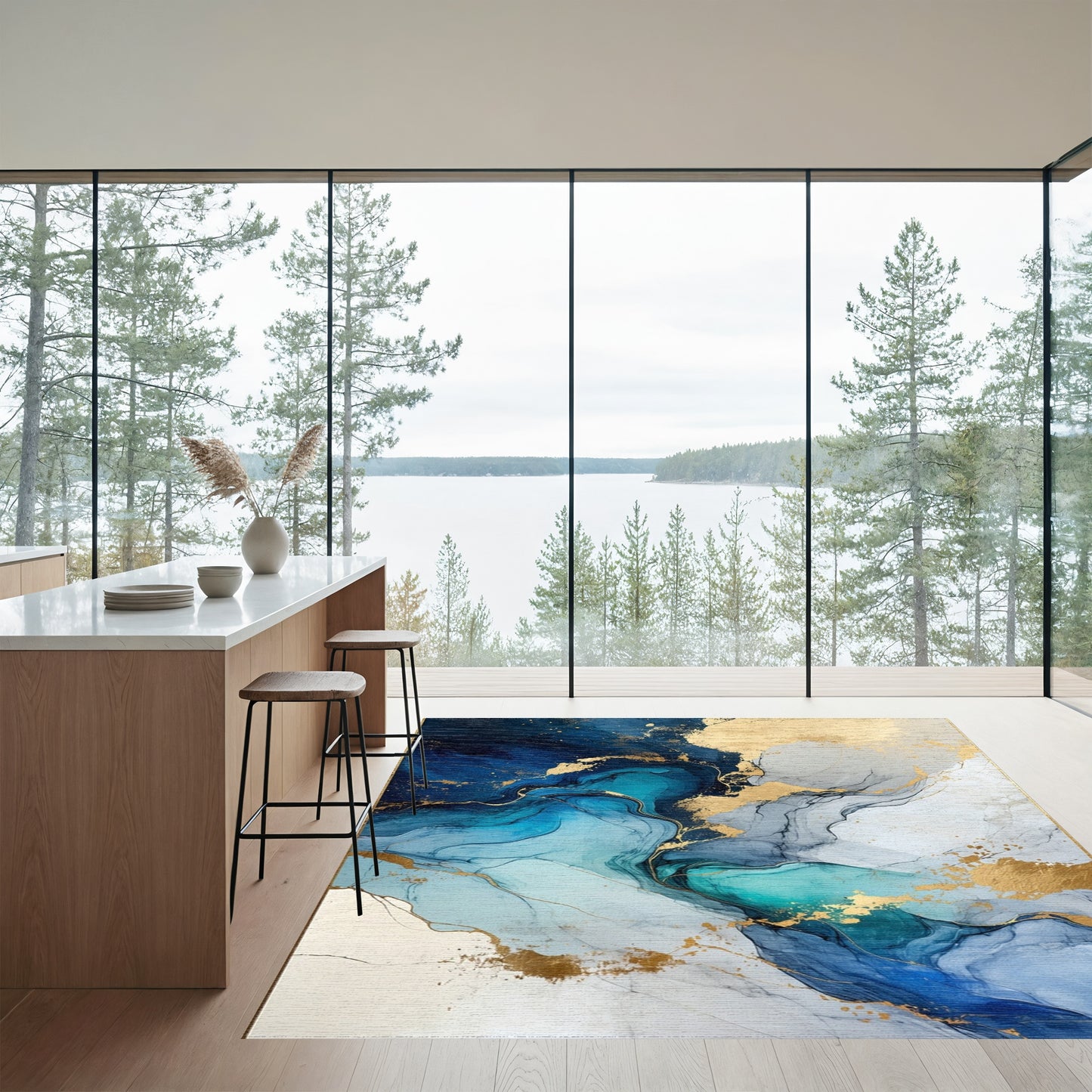 Navy Teal Gold Fluid Swirl Rug