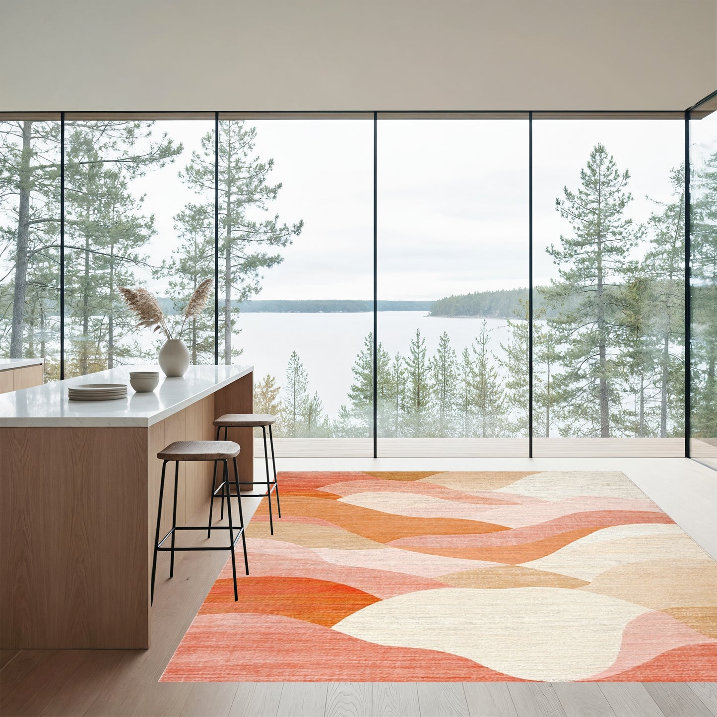 Abstract Coral Layered Waves Rug