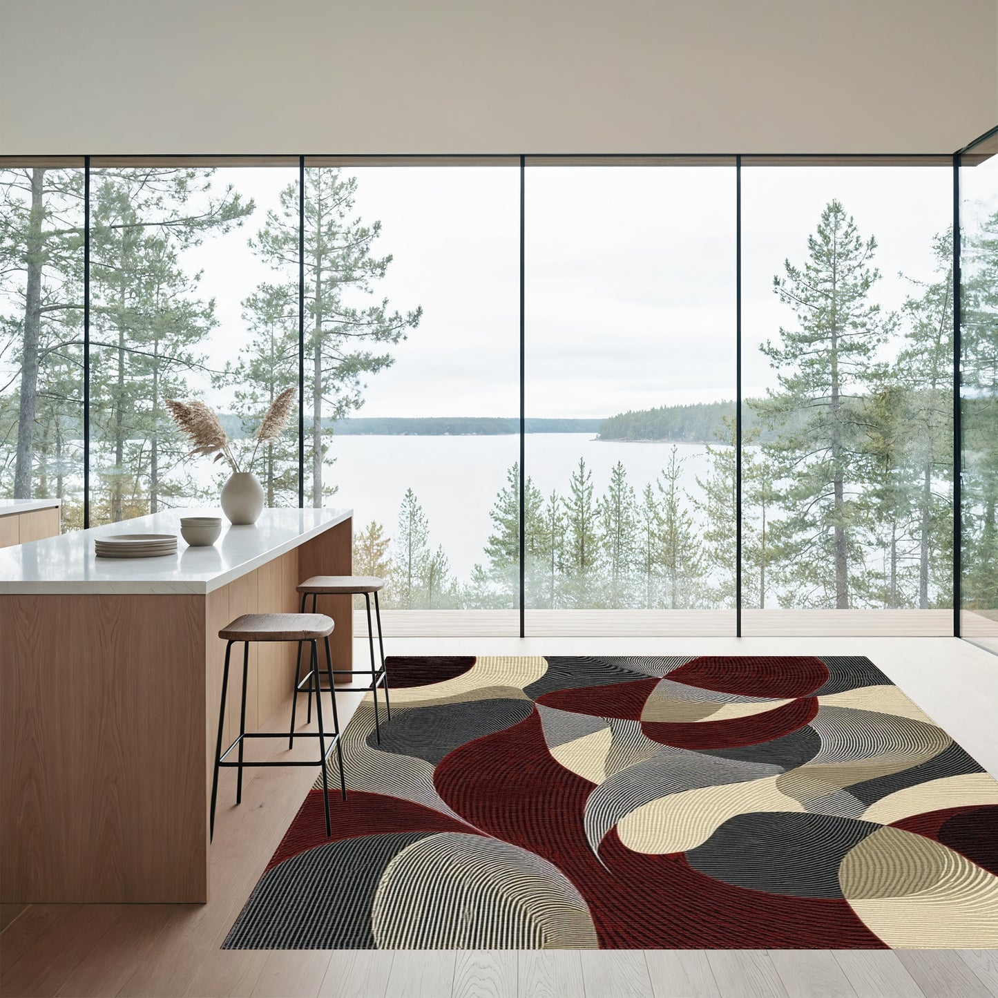 Burgundy Gray Wavy Curves Rug