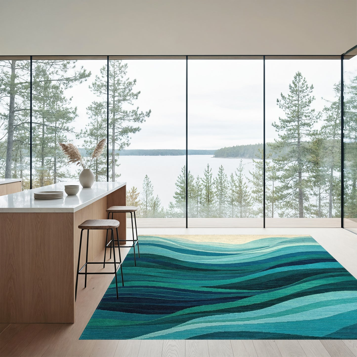 Teal Layered Waves Rug