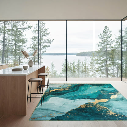 Teal Marble Gold Vein Rug