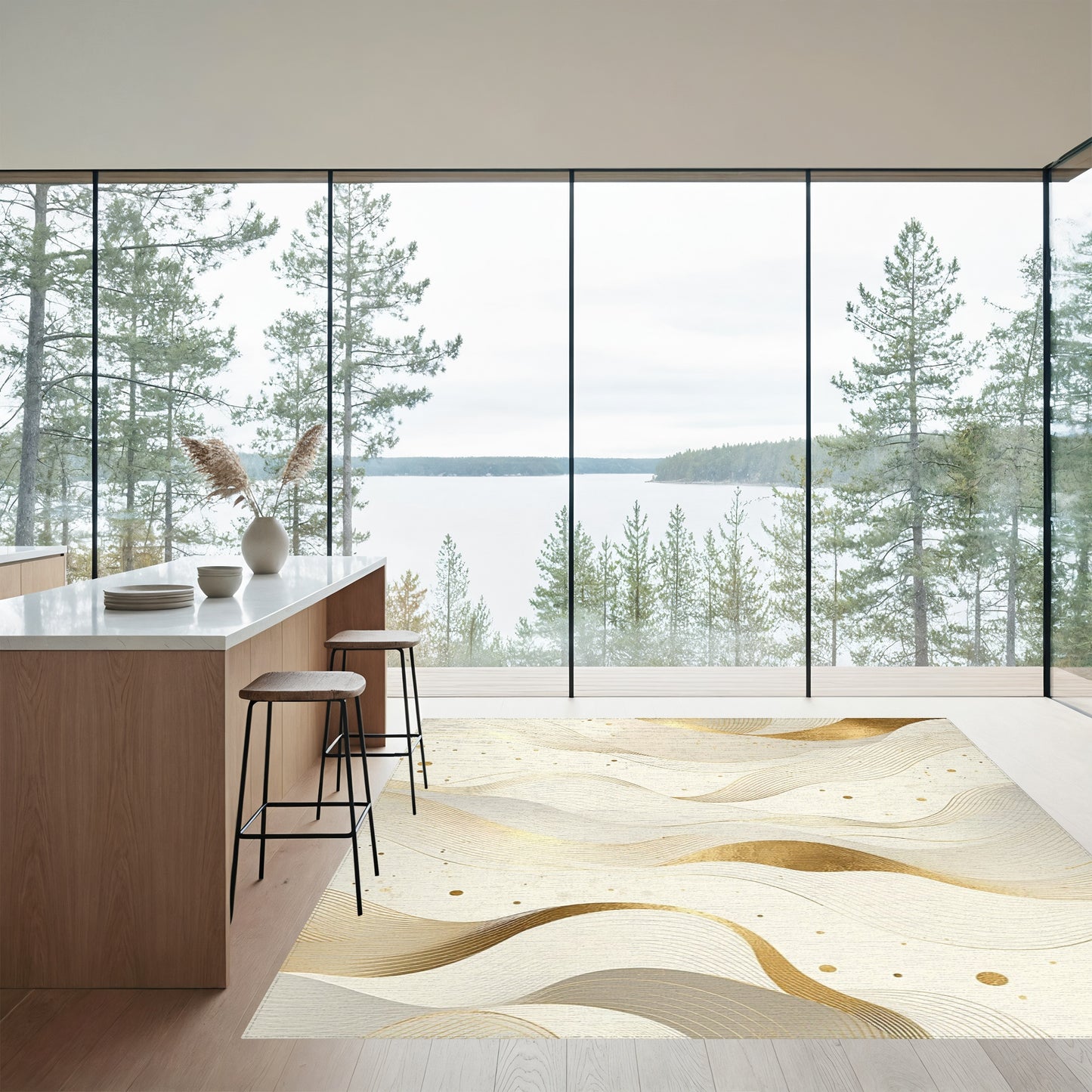 Elegant Gold Wave Abstract Rug
