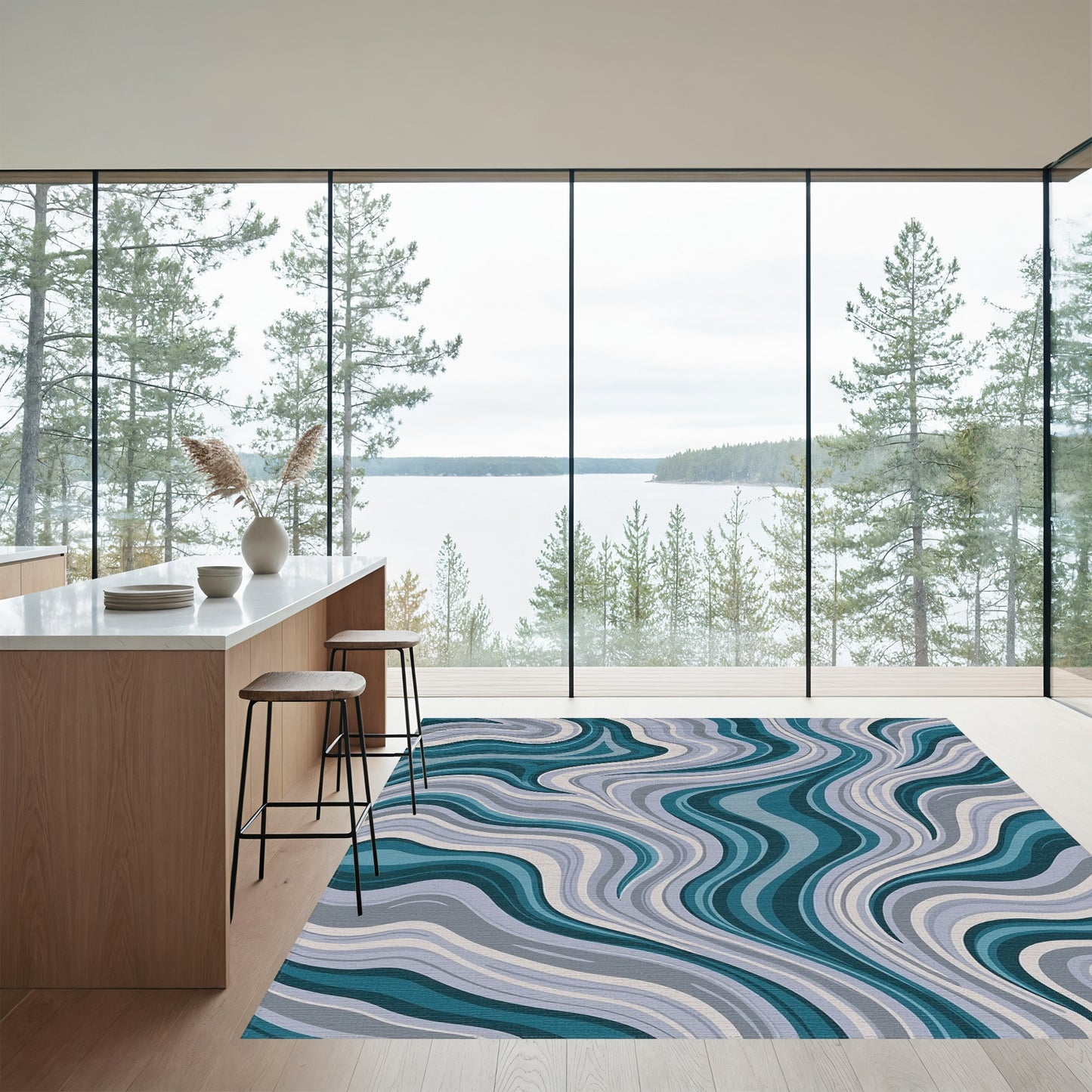 Teal Gray Swirling Waves Rug