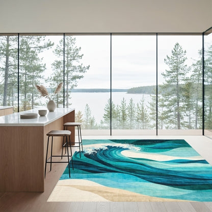 Abstract Teal Green Waves Rug
