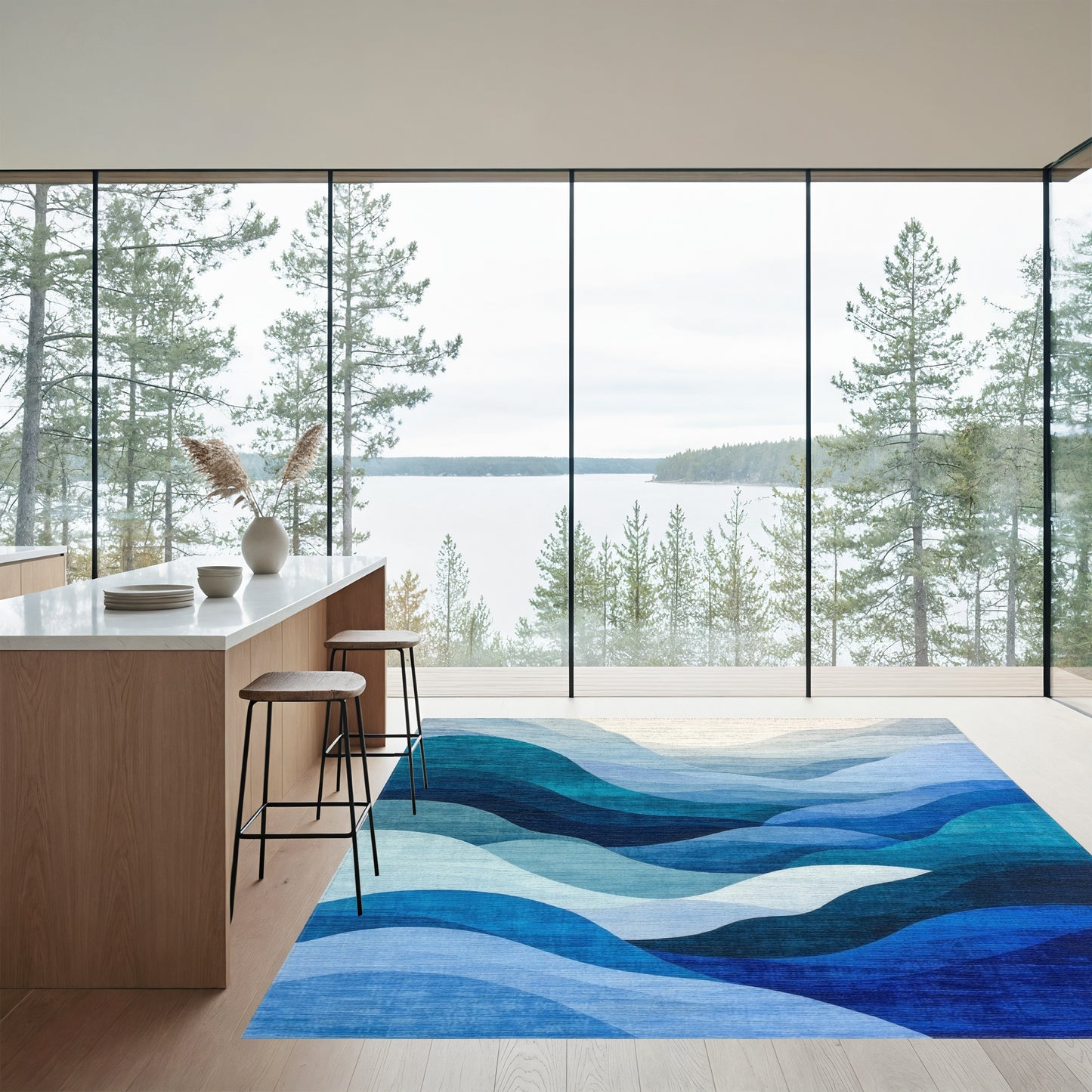 Teal Blue Layered Waves Rug