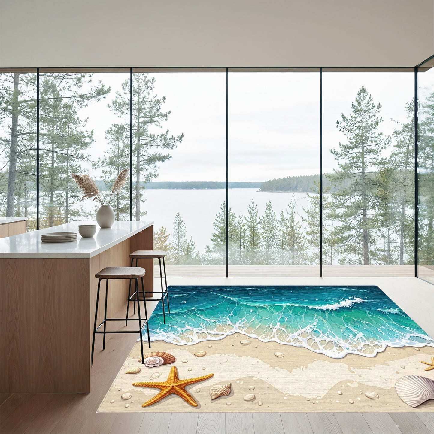 Teal Waves Sandy Beach Seashells Starfish Rug