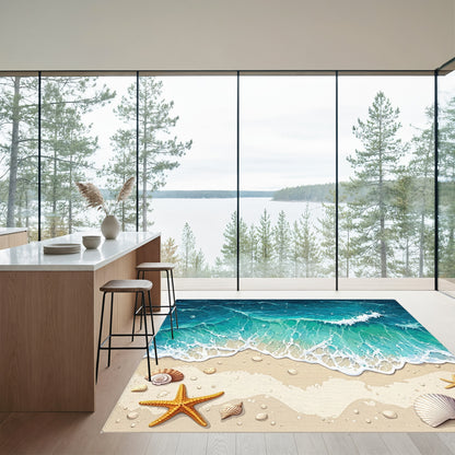 Teal Waves Sandy Beach Seashells Starfish Rug
