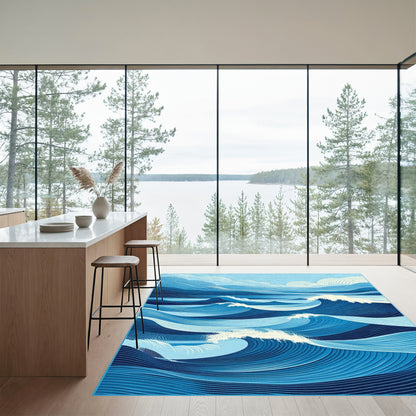 Blue Contoured Waves Clouds Rug