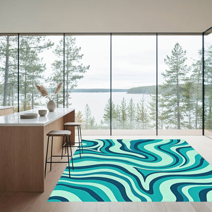 Teal Fluid Wave Abstract Rug