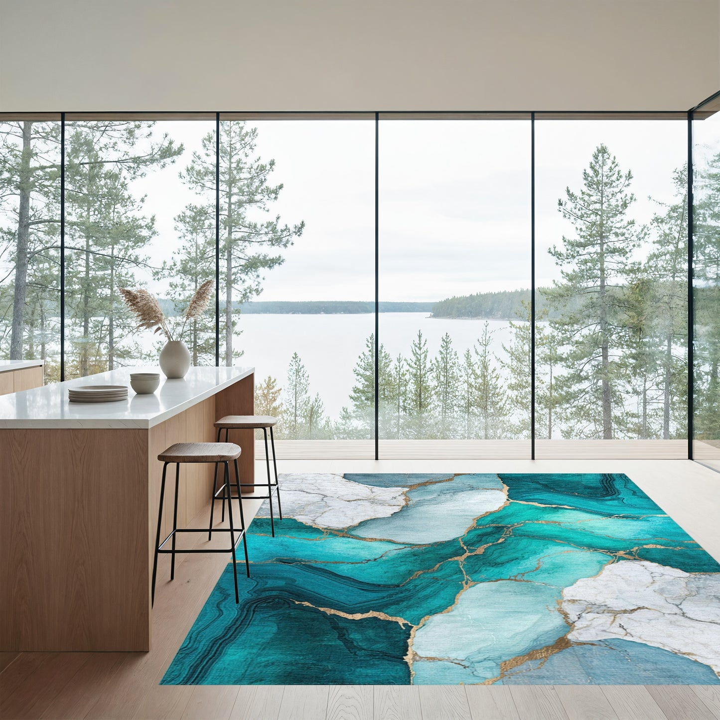 Teal Marble Gold Vein Rug