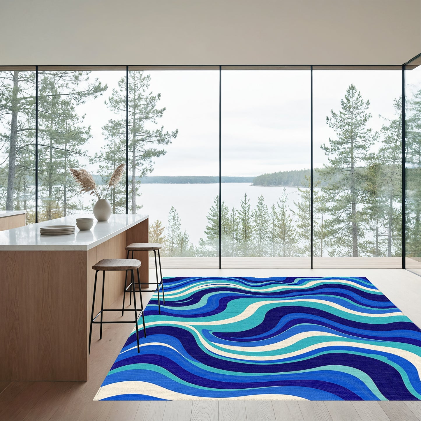 Navy Teal Wavy Abstract Rug