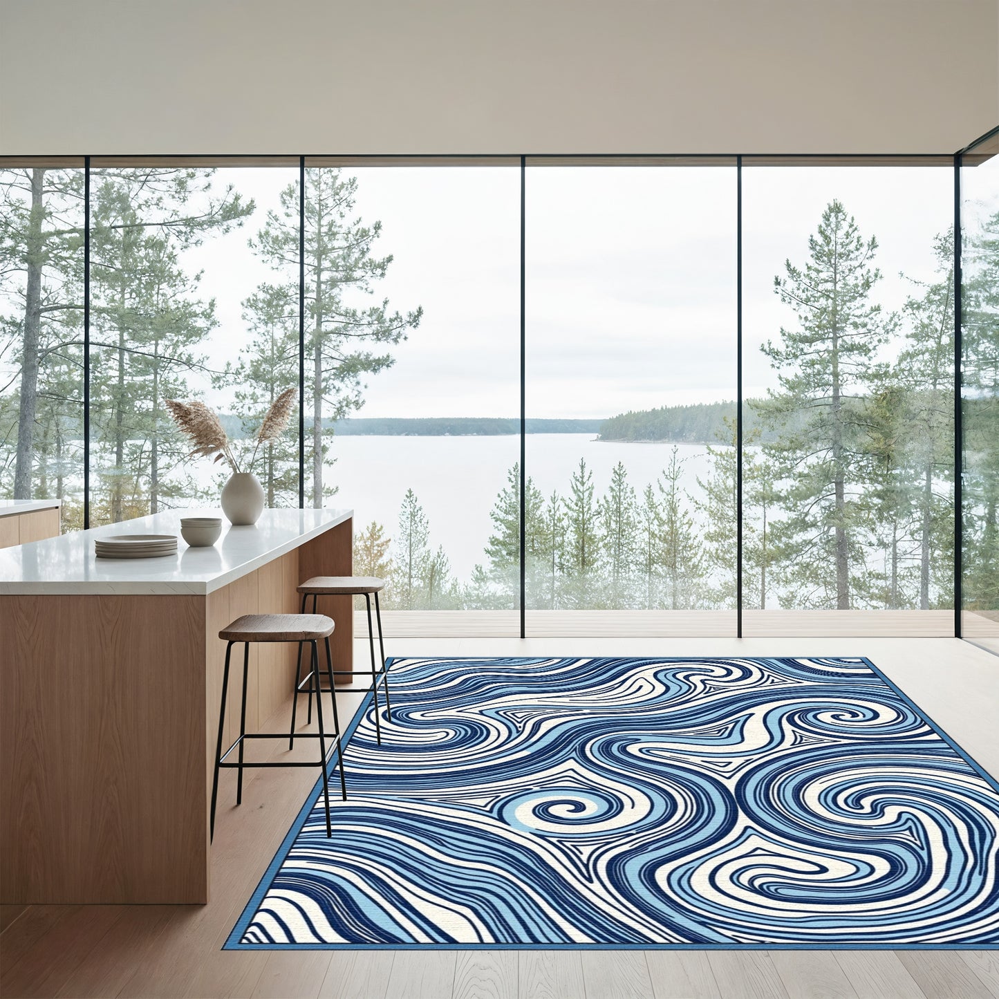 Abstract Navy Swirl Waves Rug
