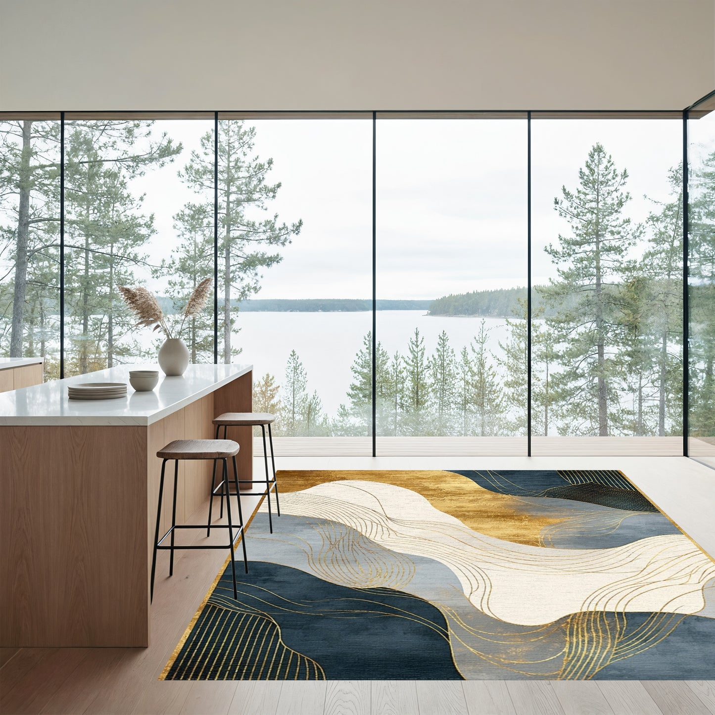 Abstract Gold Navy Wave Rug