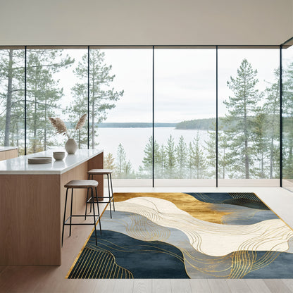 Abstract Gold Navy Wave Rug