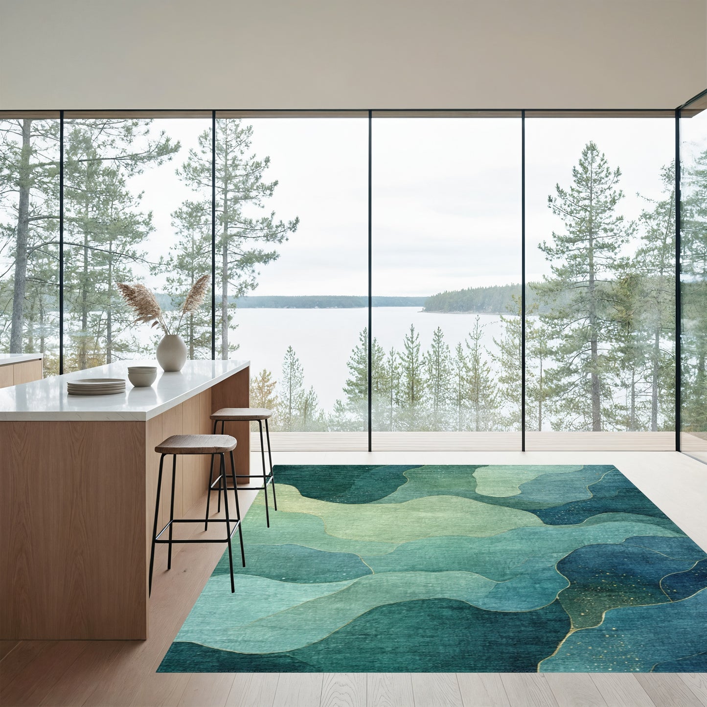 Teal Fluid Wave Abstract Rug