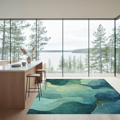 Teal Fluid Wave Abstract Rug
