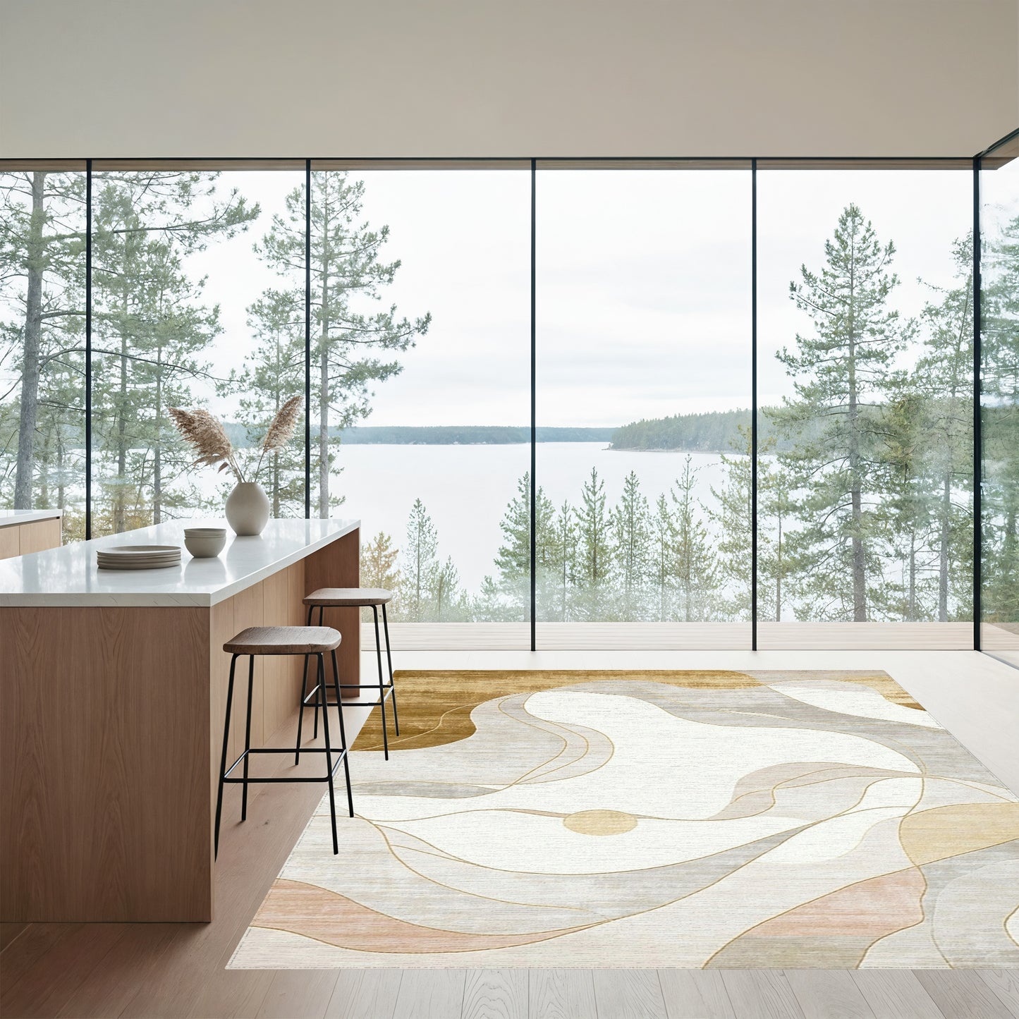 Abstract Golden Gray Waves Rug