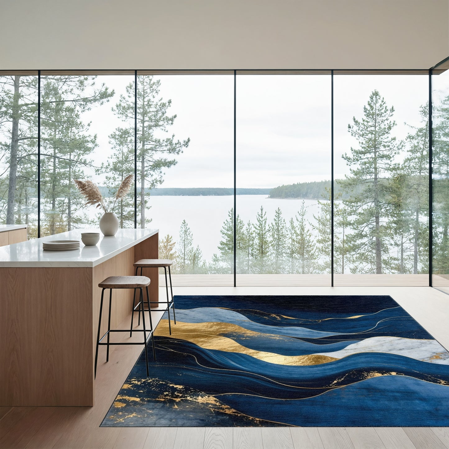 Navy Gold Layered Wave Rug