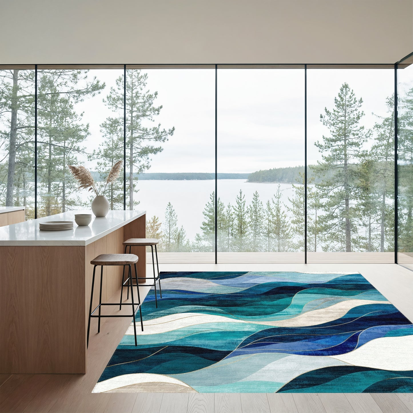 Teal Navy Layered Waves Rug