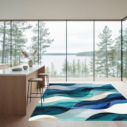 Teal Navy Layered Waves Rug